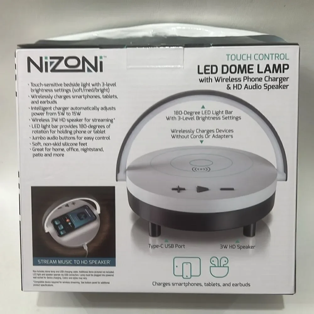 Nizoni LED Dome Lamp Wireless Phone Charger & HD Audio Speaker Streaming New